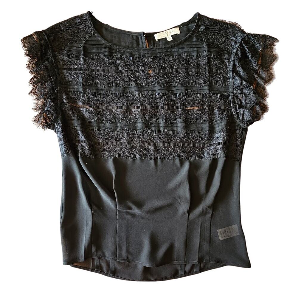 7 For All Mankind Lace Trim Satin Flutter Sleeve Blouse Black, Y2K, NWOT, Sz XS - Picture 3 of 8